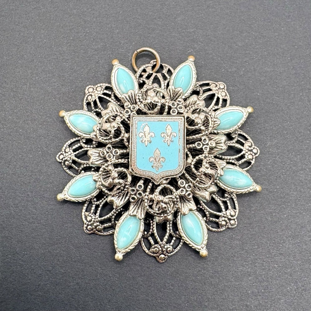 Vintage Heraldic Filigree Faux Turquoise Fleur de Lis Silver Tone Pendant 1.75"